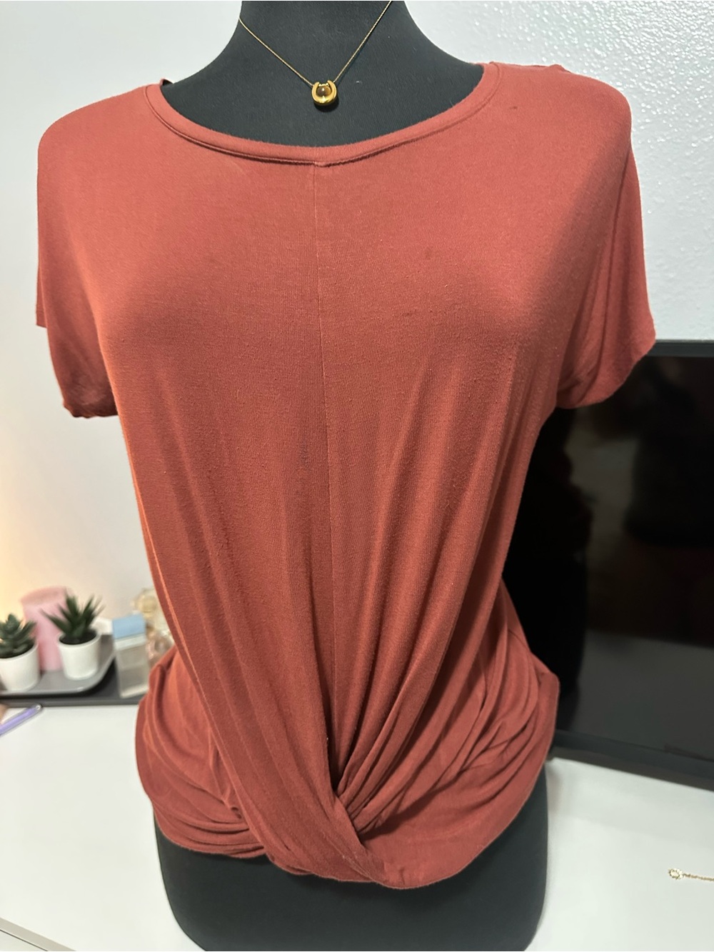 Express Rust Twist-Front Short Sleeve Top